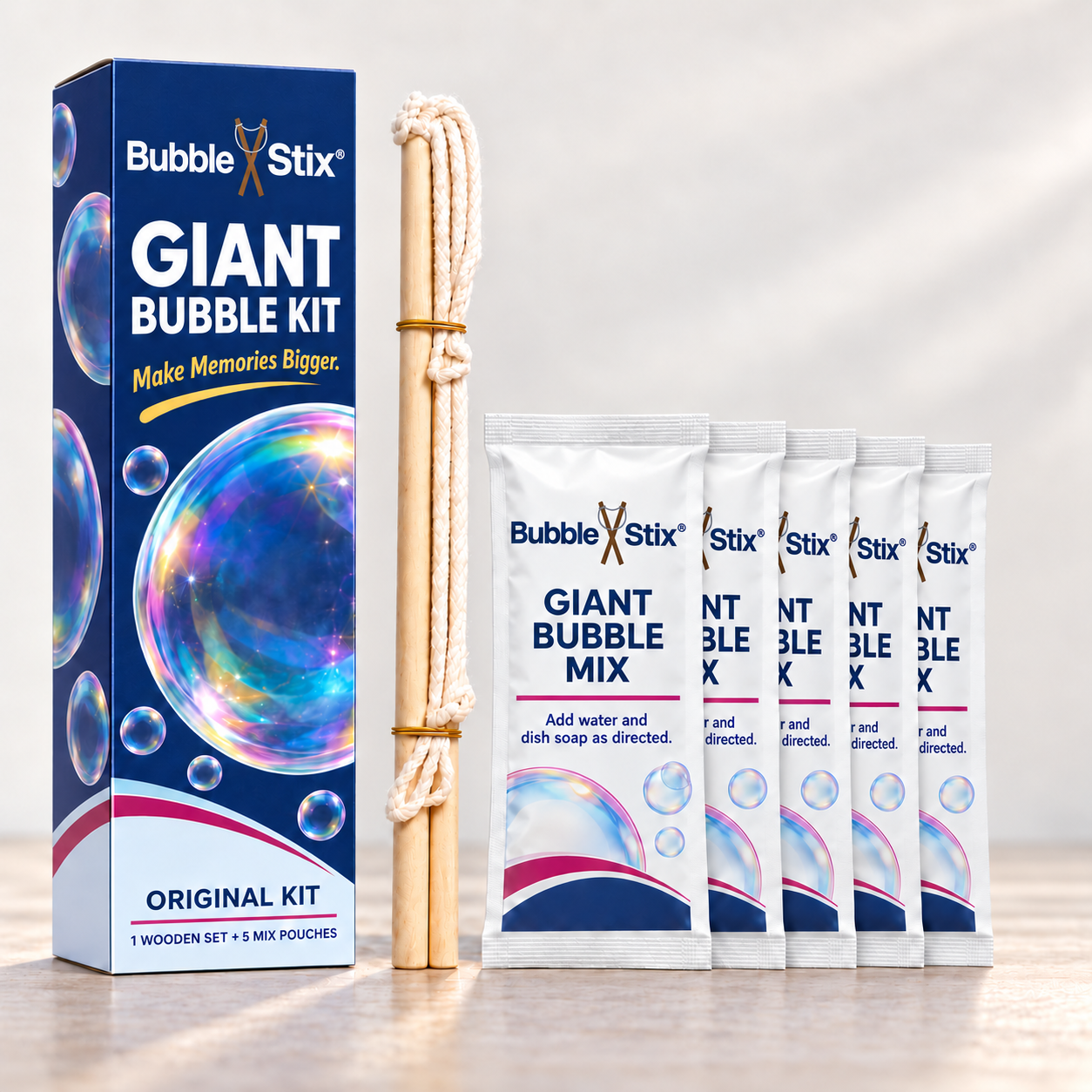 BubbleStix Giant Bubble Kit packaging, wooden wand equipment, and mix pouches