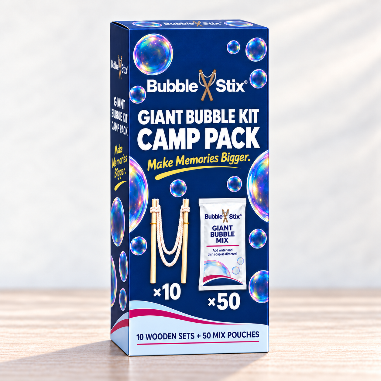 BubbleStix Camp Pack box labeled with ten complete wand sets and fifty mix pouches